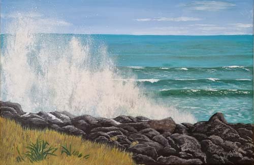 Julie Macdonald artwork, Full Tide at Manu Bay 17x23in $300