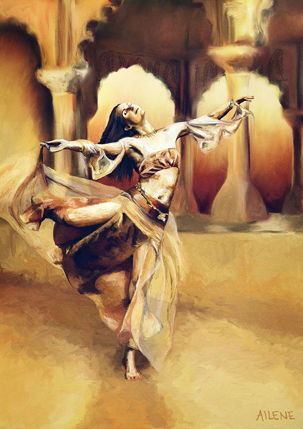 ©2015, Ailene Cuthbertson, ...golden silks swirling around her, loath to intrude upon her moment of freedom. Digital painting